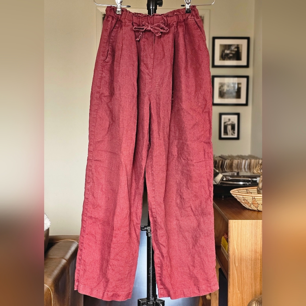 Women's Linen Drawstring Pants Maroon Quiet Luxury XS